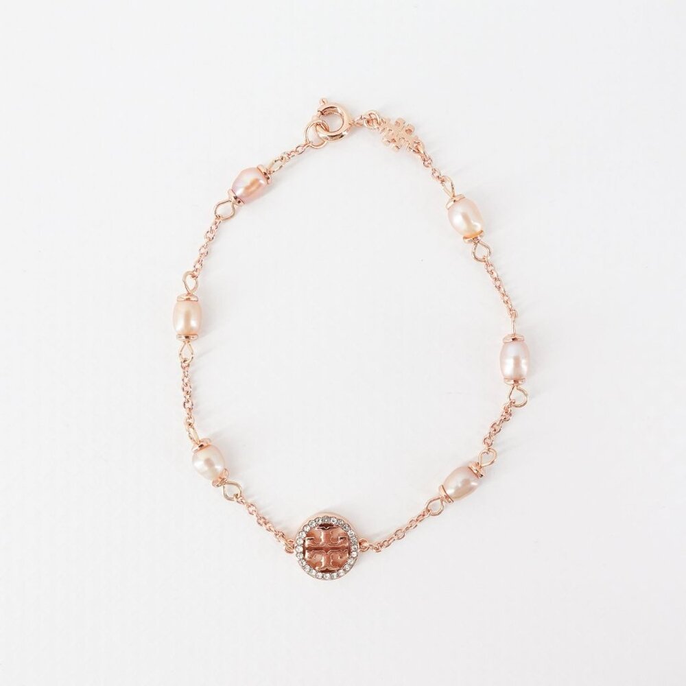 Tory Burch Miller Pave Logo Cultured Pearls Bracelet Rose Gold OS - Picture 10 of 12